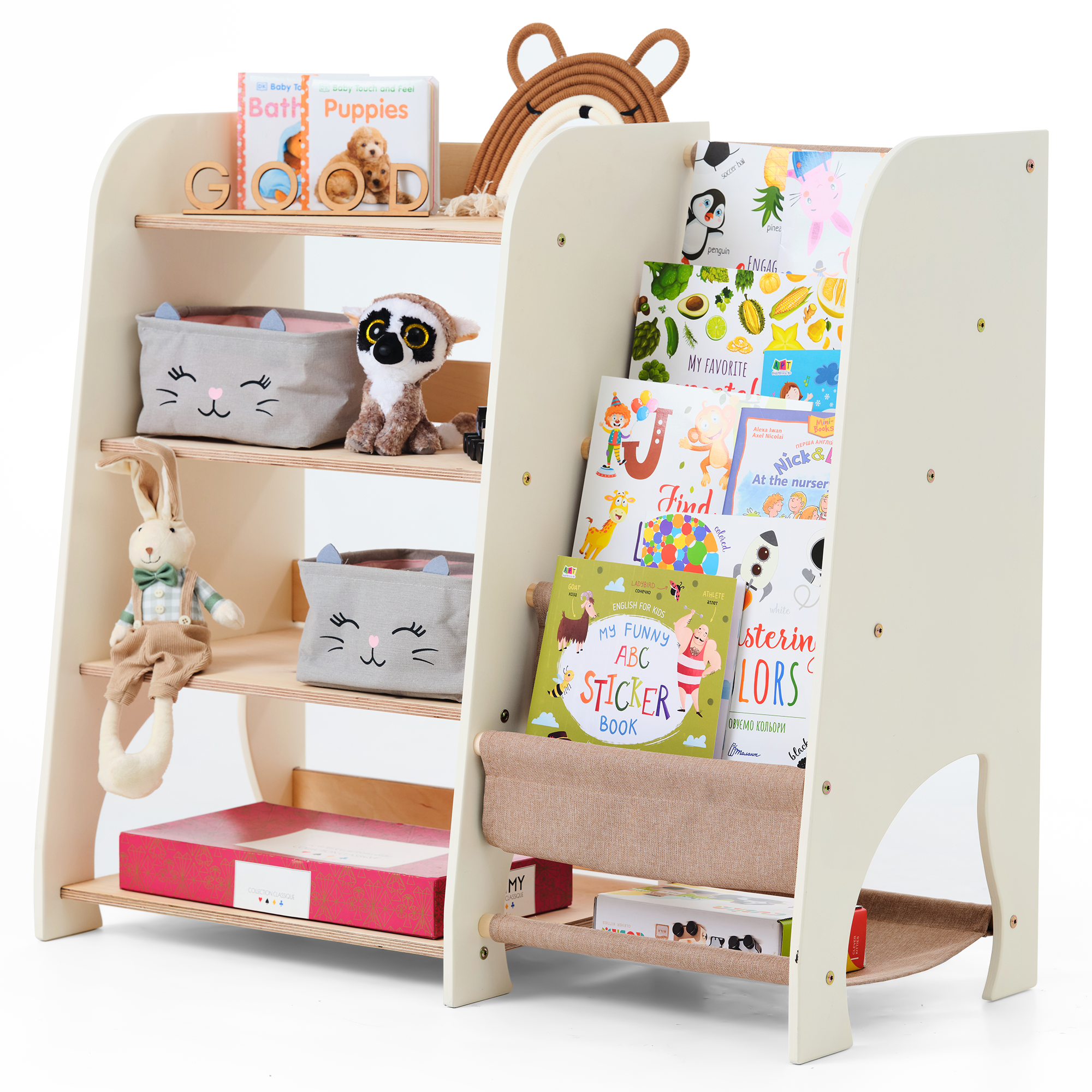 2-in-1 Montessori Shelf for Books & Toys – Wooden Storage for Kids