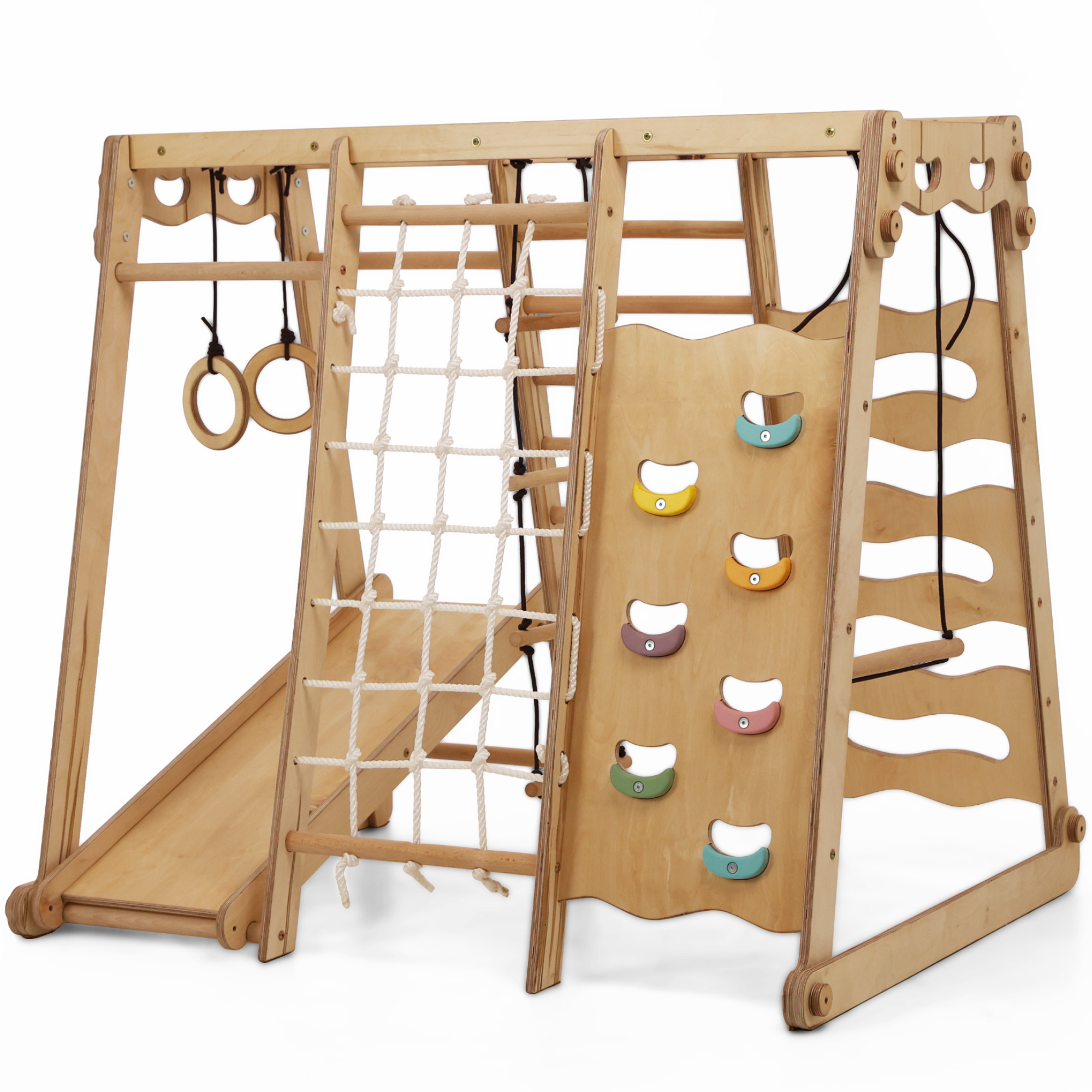 6-in-1 Wooden Indoor Playground for Kids – Swing, Slide, Rope & Climbing Frame