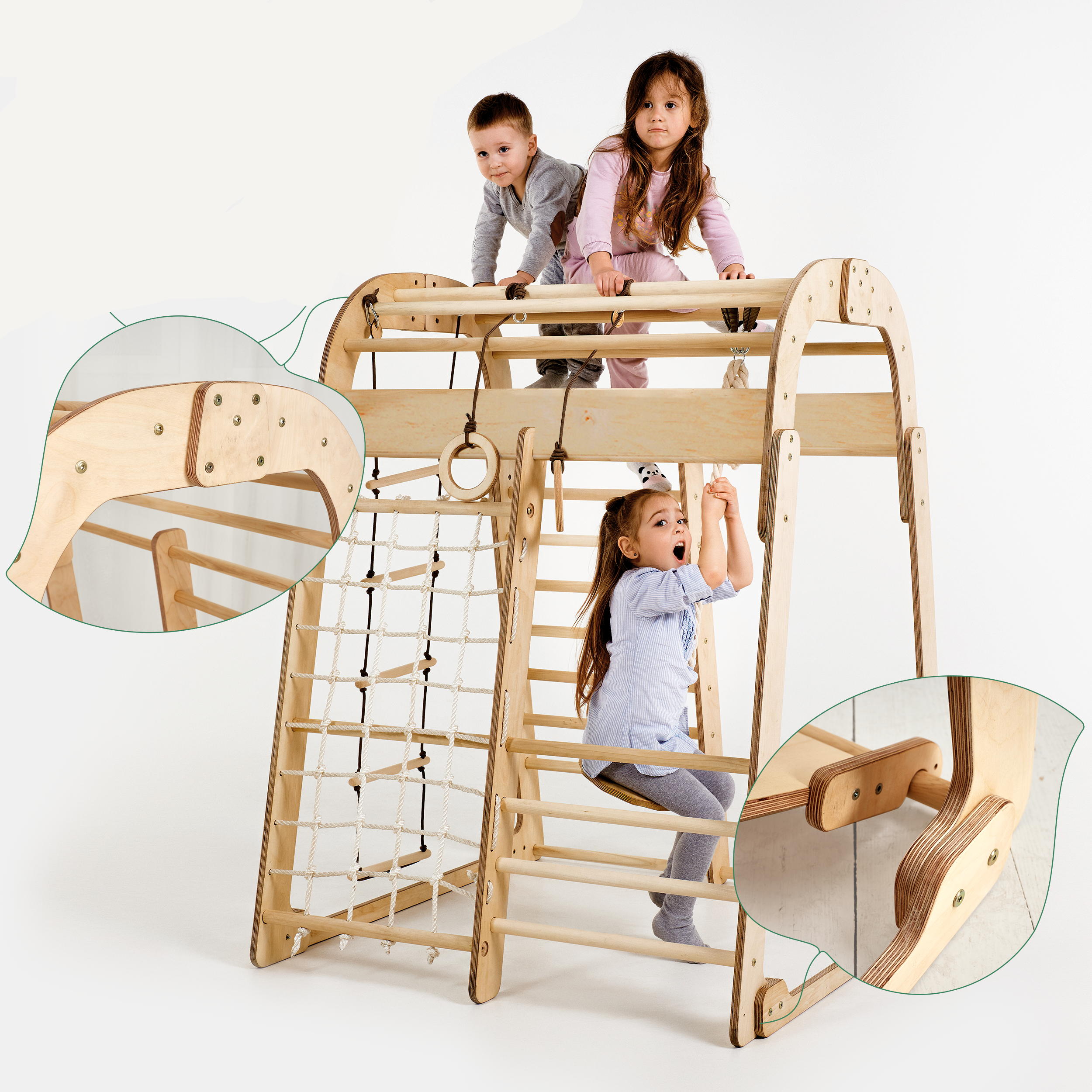 6-in-1 Indoor Playground for Kids – Montessori Climbing Frame with Net, Slide, Rings & Swing (Ages 3–8)