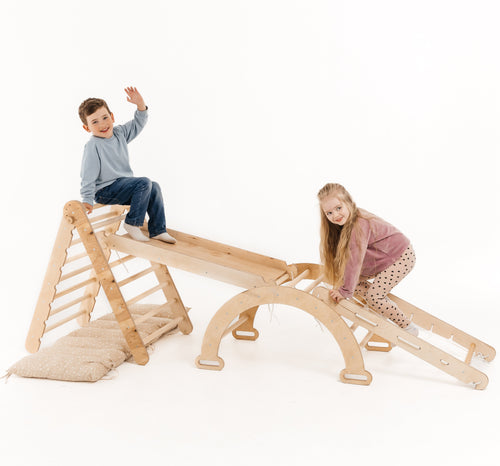5in1 Montessori Klettergerüst Set: Kletterdreieck mit Rutsche, Kletterbogen, Kletternetz und Kissen, für Kinder 1-7 Jahre – Beige-0