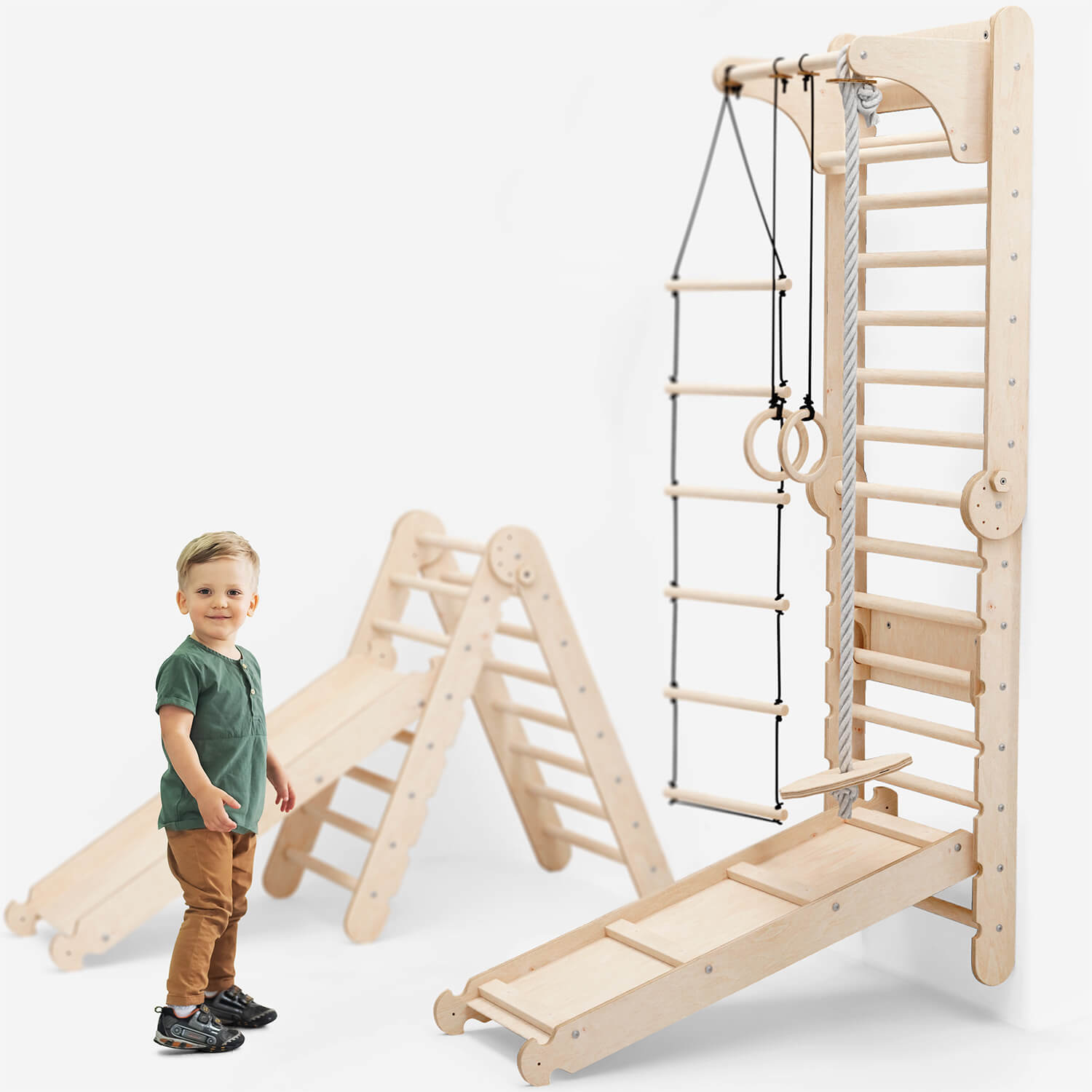6-in-1 Indoor Climbing Wall – Swedish Ladder with Slide, Gym Rings, Rope Ladder, Disc Swing & Pull-Up Bar (Ages 1–7)