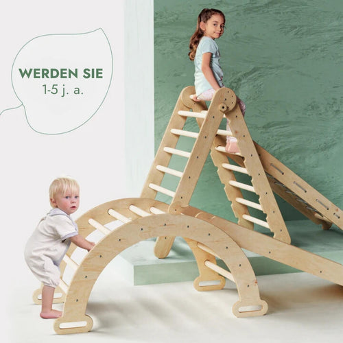 4-in-1 Montessori Climbing Set – Pikler Triangle, Arch, Slide & Net for Kids (1–7 Years)