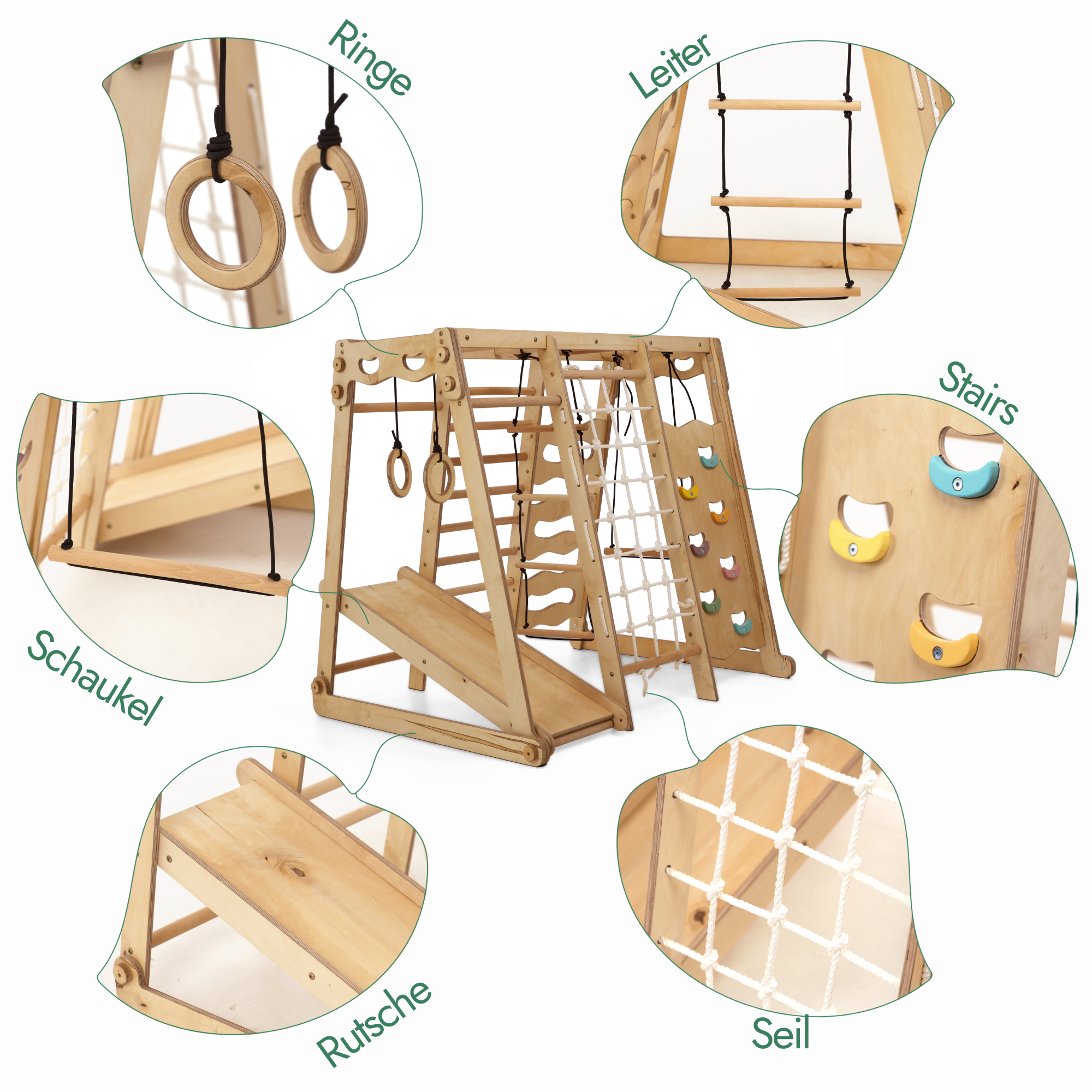 6-in-1 Wooden Indoor Playground for Kids – Swing, Slide, Rope & Climbing Frame