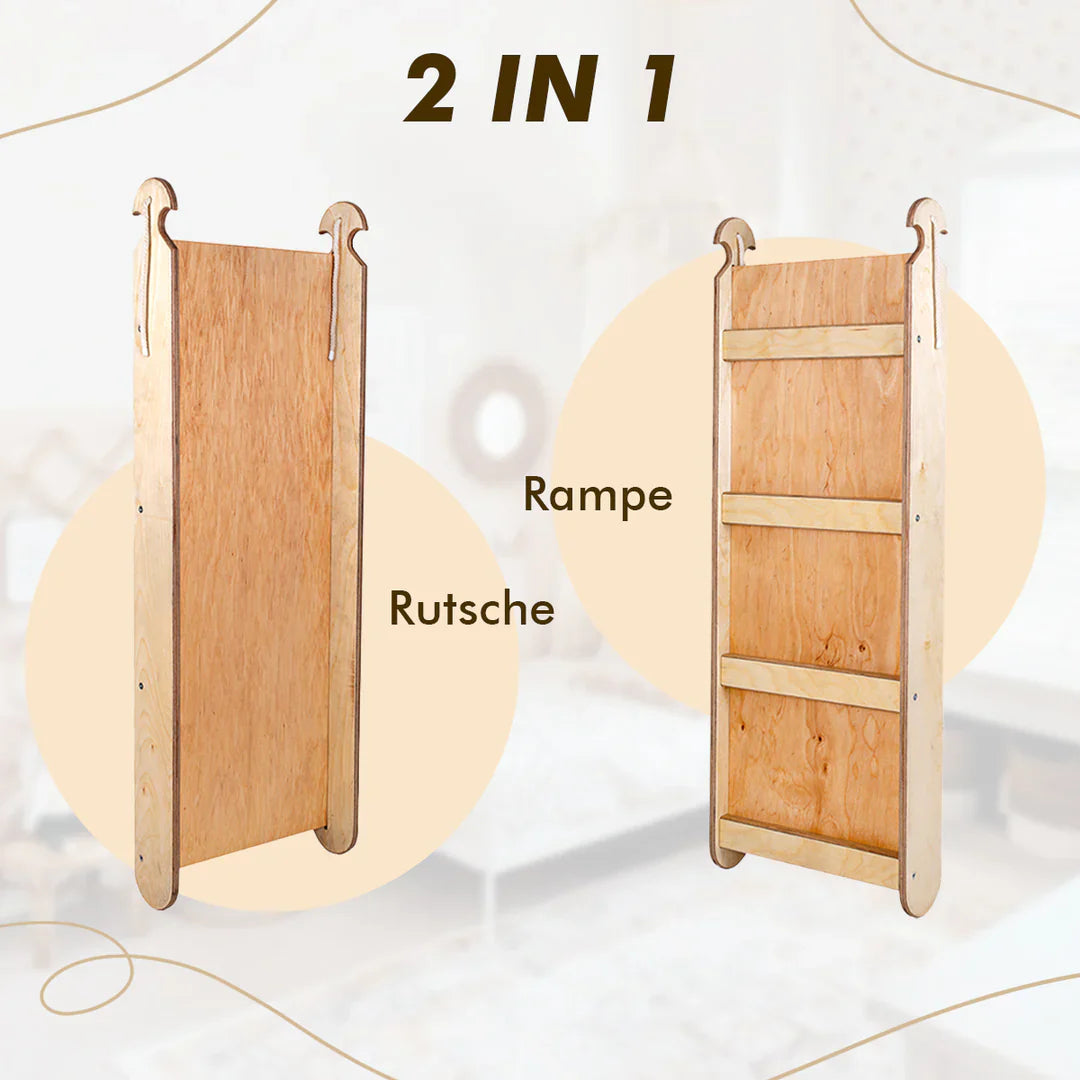 7in1 Montessori Klettergerüst Set: Kletterdreieck, Kletterbogen mit Kissen, Rutsche, Kletternetz, Maltafel und Kinderstuhl, für Kinder 1-7 Jahre – Beige-3