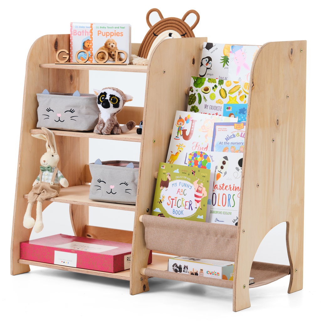 2-in-1 Montessori Shelf for Books & Toys – Wooden Storage for Kids