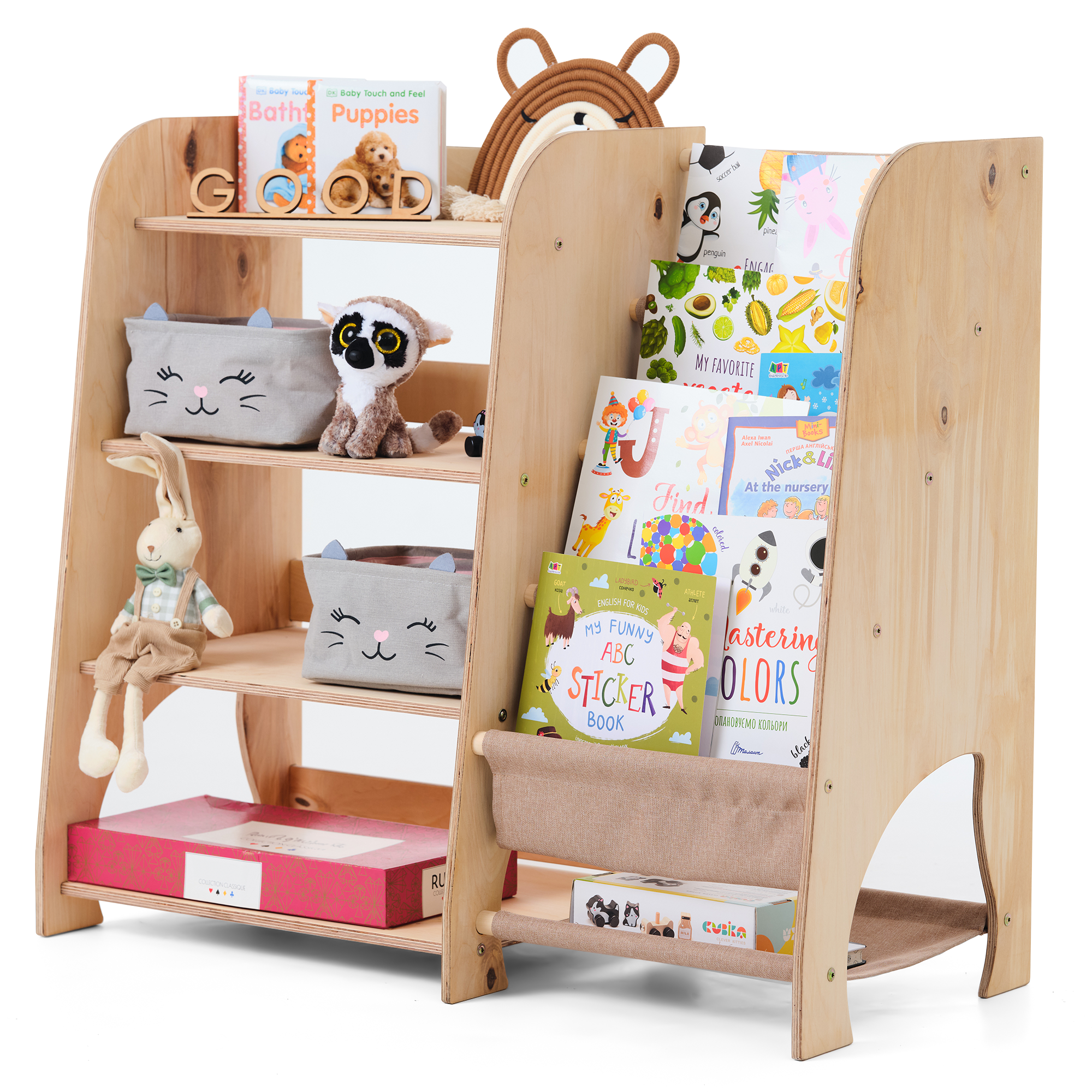 2-in-1 Montessori Shelf for Books & Toys – Wooden Storage for Kids