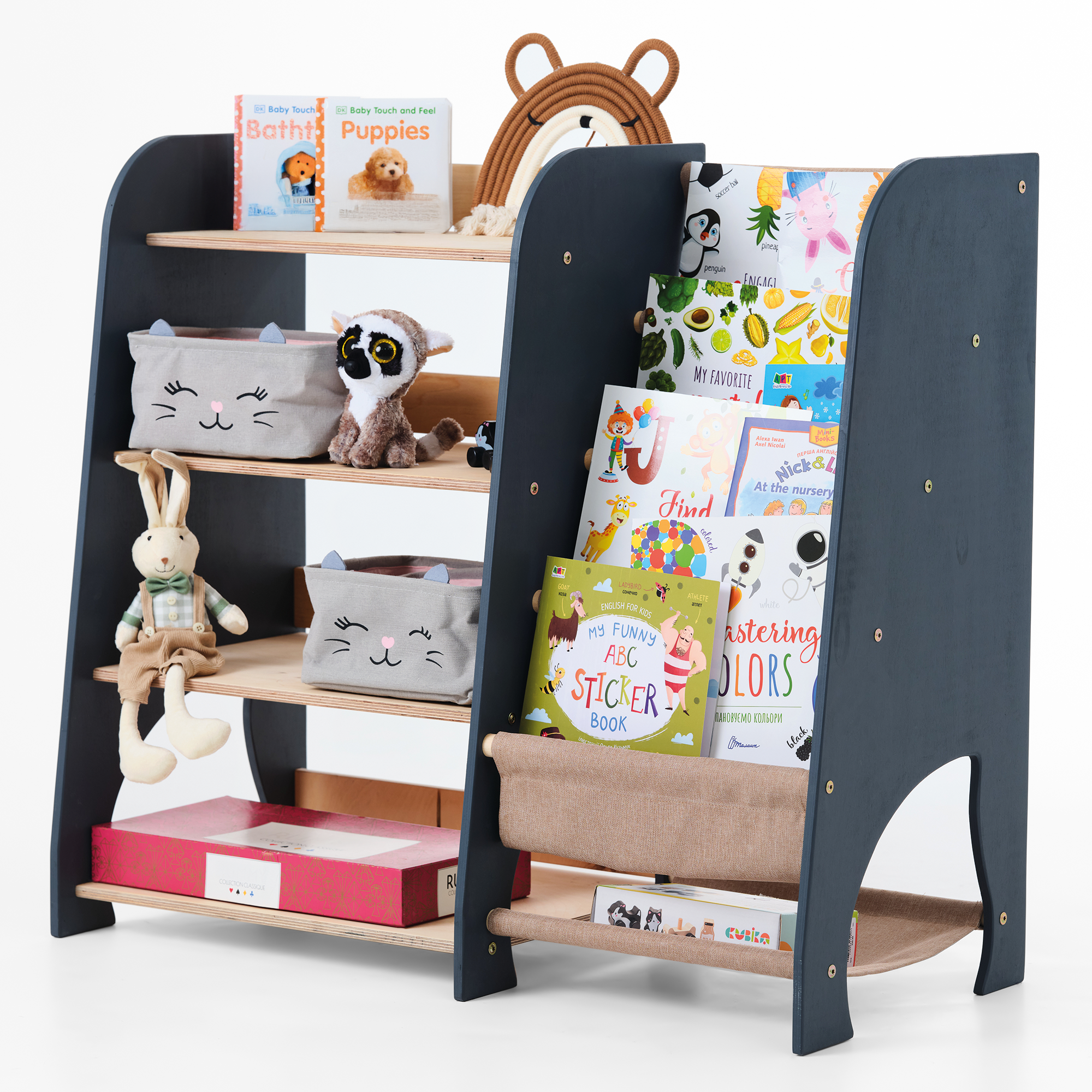 2-in-1 Montessori Shelf for Books & Toys – Wooden Storage for Kids