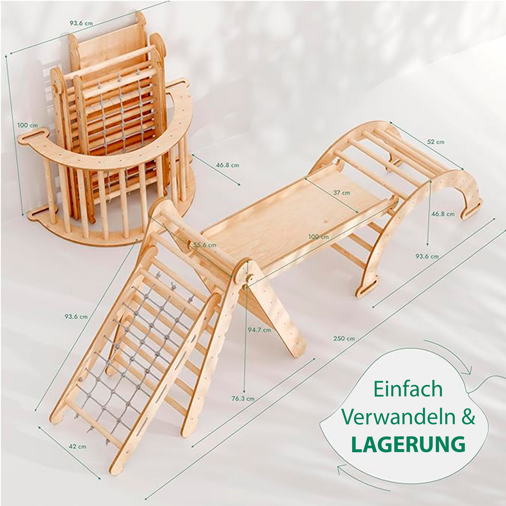 4-in-1 Montessori Climbing Set – Pikler Triangle, Arch, Slide & Net for Kids (1–7 Years)