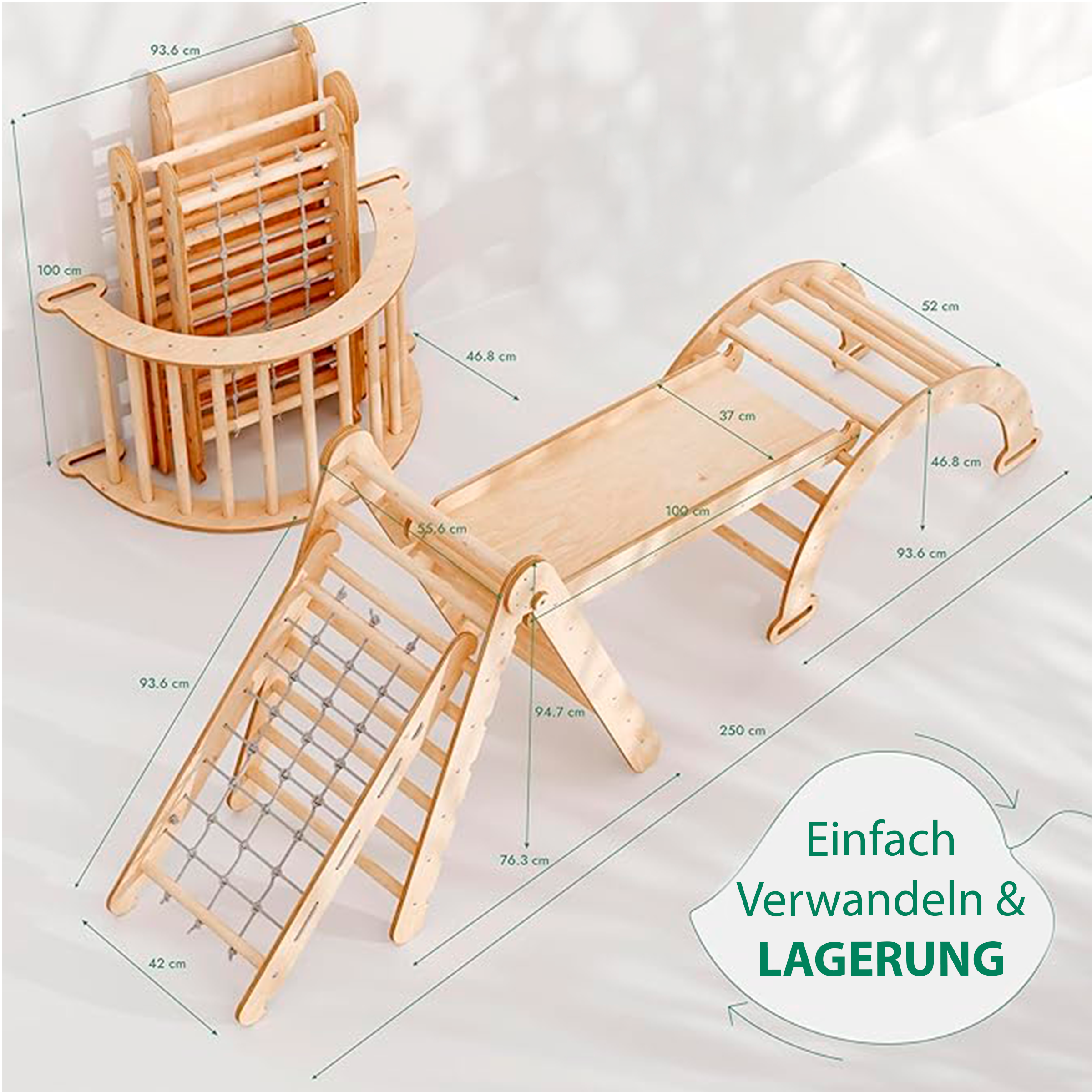 4-in-1 Montessori Climbing Set – Pikler Triangle, Arch, Slide & Net for Kids (1–7 Years)