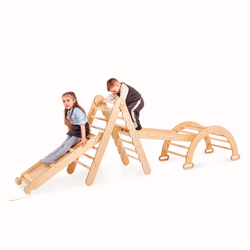 4-in-1 Montessori Climbing Set – Pikler Triangle, Arch, Slide & Net for Kids (1–7 Years)