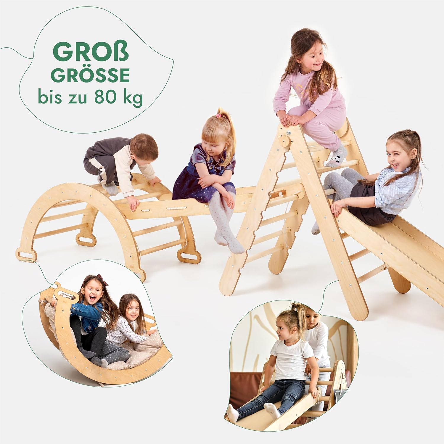 5in1 Montessori Klettergerüst Set: Kletterdreieck mit Rutsche, Kletterbogen, Kletternetz und Kissen, für Kinder 1-7 Jahre – Beige-2
