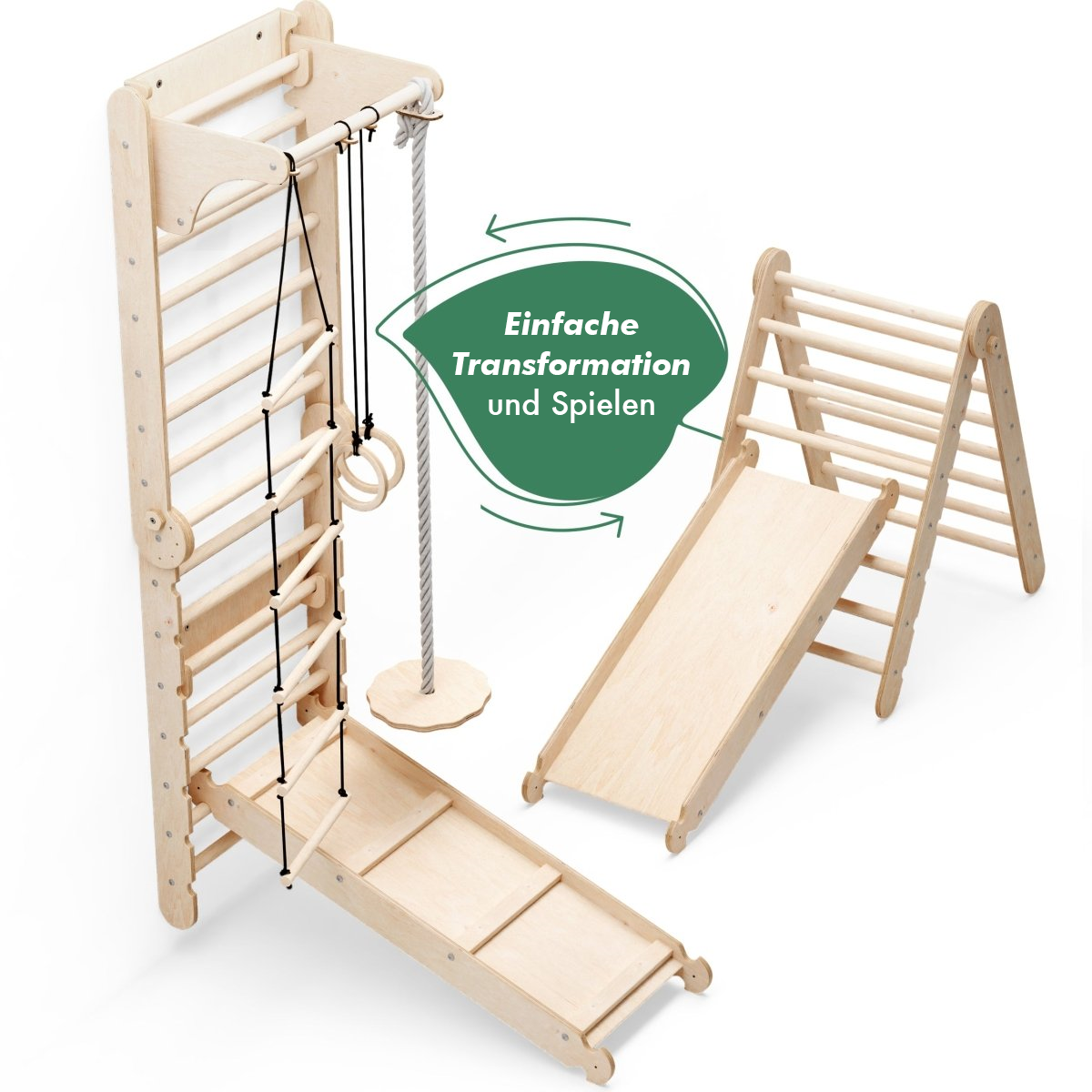 6-in-1 Indoor Climbing Wall – Swedish Ladder with Slide, Gym Rings, Rope Ladder, Disc Swing & Pull-Up Bar (Ages 1–7)