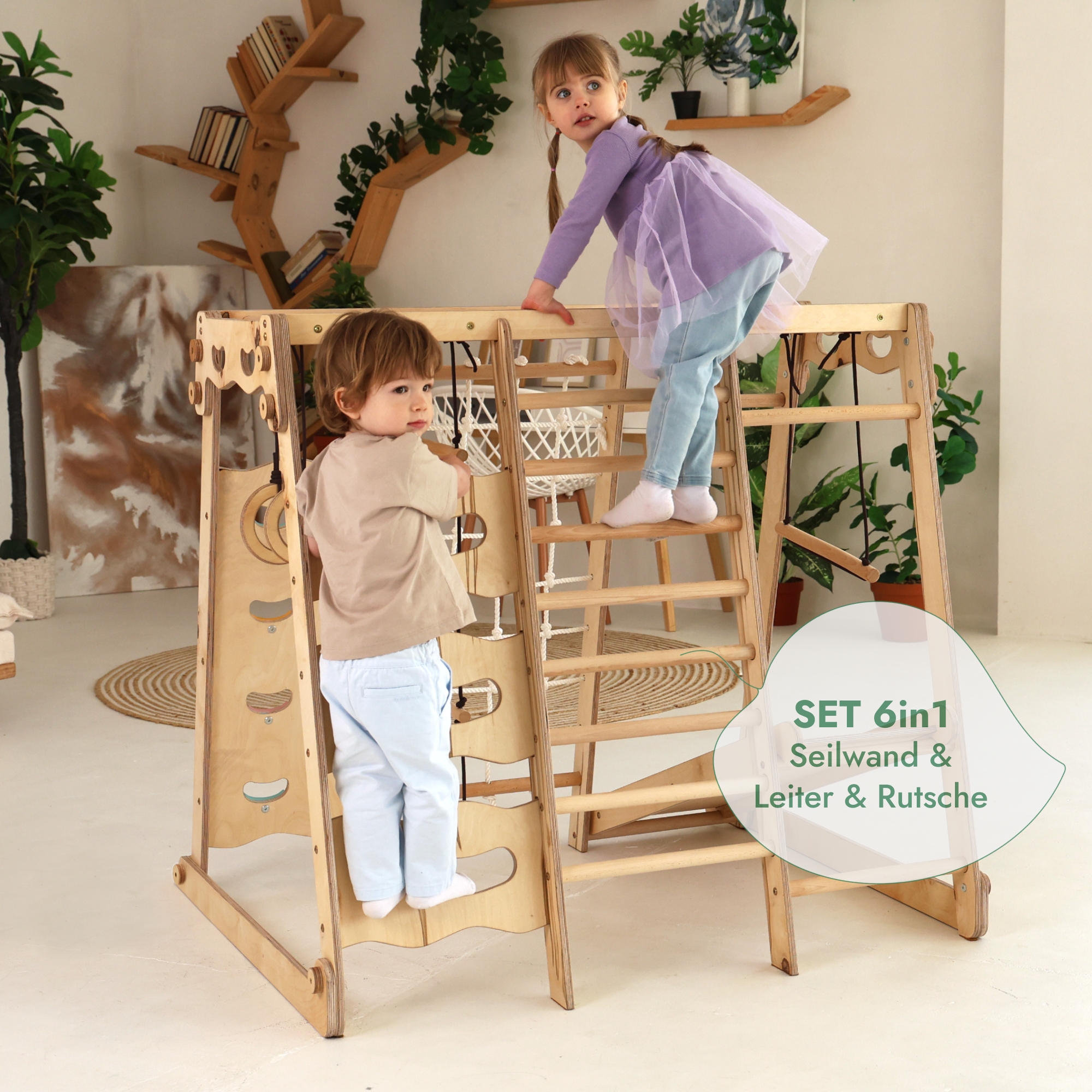 6-in-1 Wooden Indoor Playground for Kids – Swing, Slide, Rope & Climbing Frame