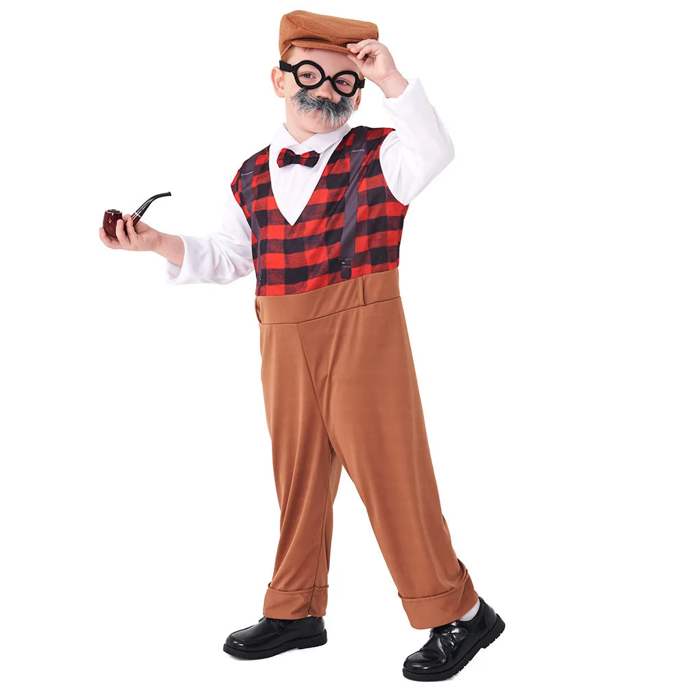 Boys the Elderly Grandpa Cosplay Costumes Children's Day Stage Grandfather Costume Outfit Jumpsuit Glass Hat With Beard-3