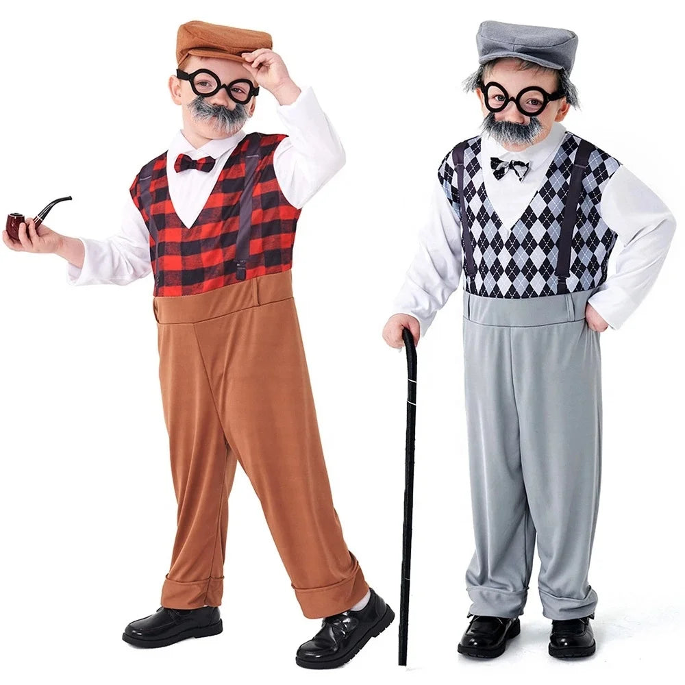 Boys the Elderly Grandpa Cosplay Costumes Children's Day Stage Grandfather Costume Outfit Jumpsuit Glass Hat With Beard-0