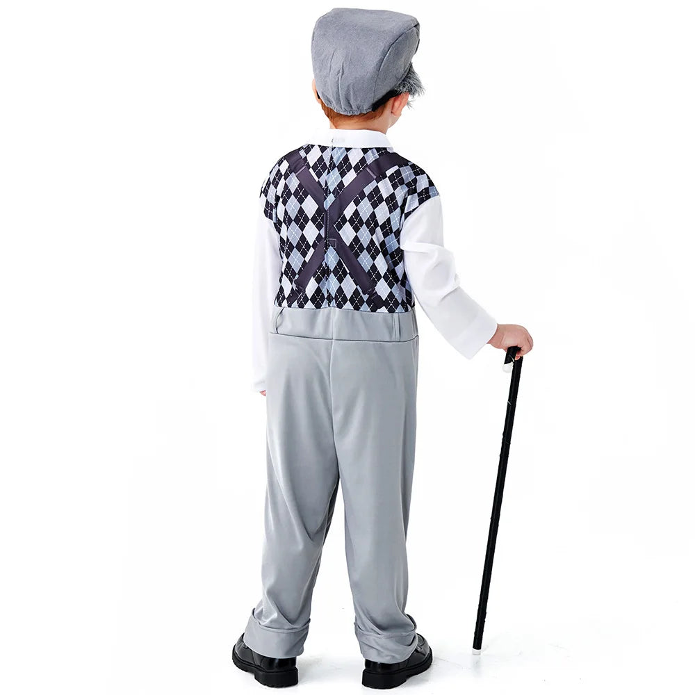 Boys the Elderly Grandpa Cosplay Costumes Children's Day Stage Grandfather Costume Outfit Jumpsuit Glass Hat With Beard-2