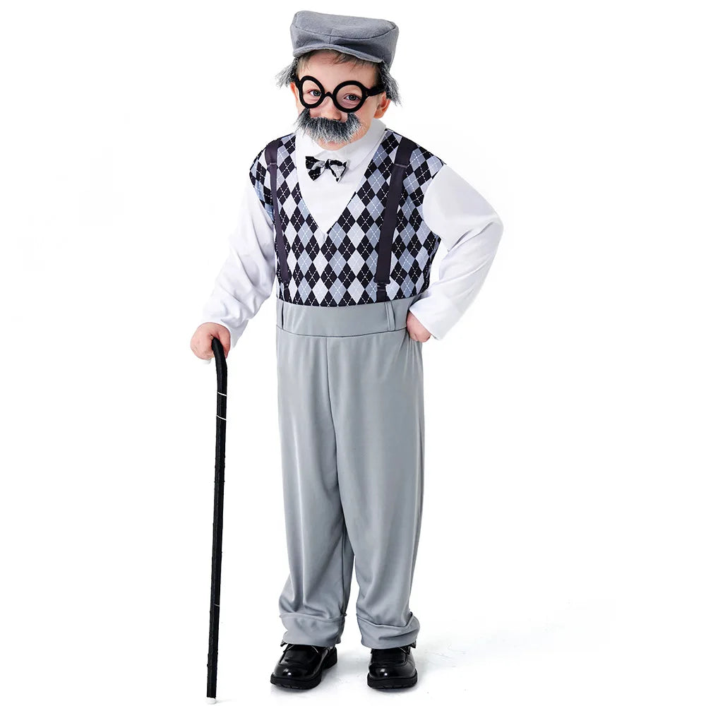 Boys the Elderly Grandpa Cosplay Costumes Children's Day Stage Grandfather Costume Outfit Jumpsuit Glass Hat With Beard-1
