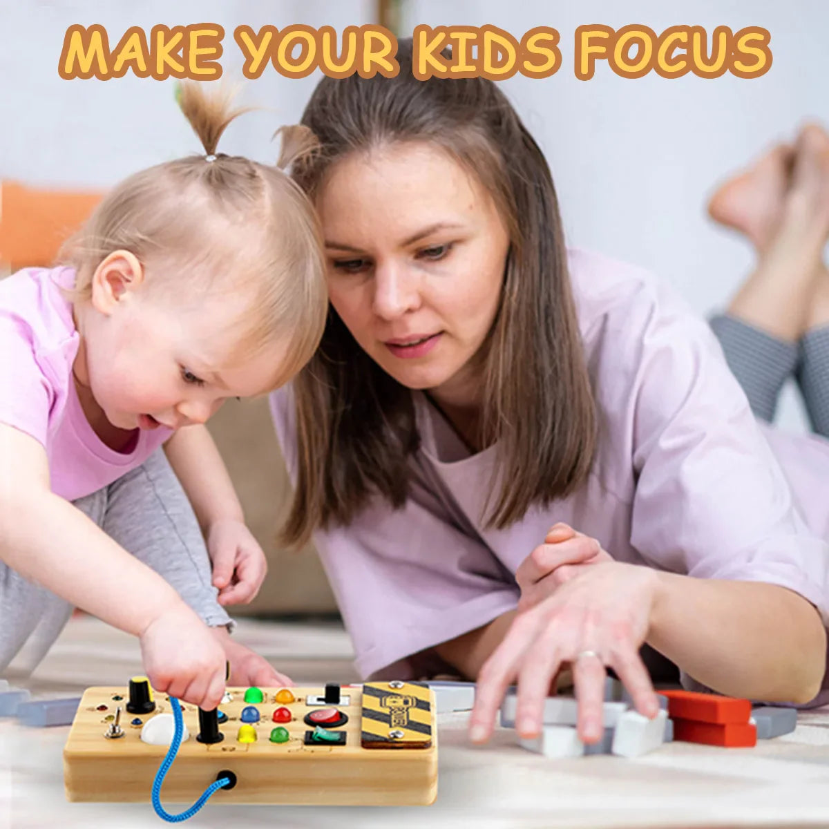 Montessori Busy Board for Toddlers (Ages 2–4) – Wooden Sensory Activity Toy with LED Light Switch