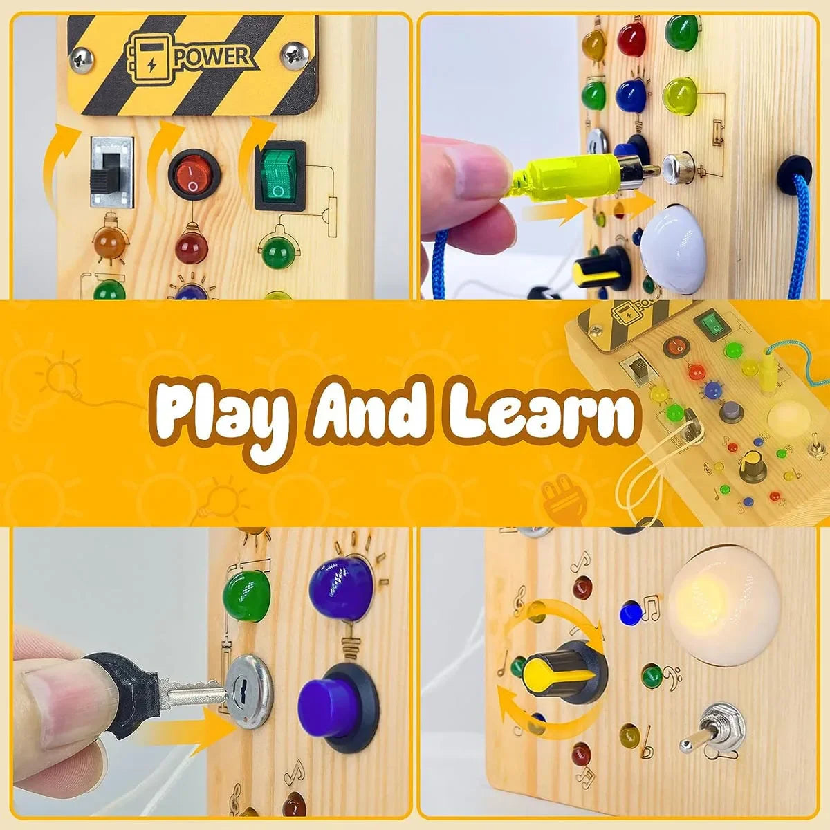 Montessori Busy Board for Toddlers (Ages 2–4) – Wooden Sensory Activity Toy with LED Light Switch