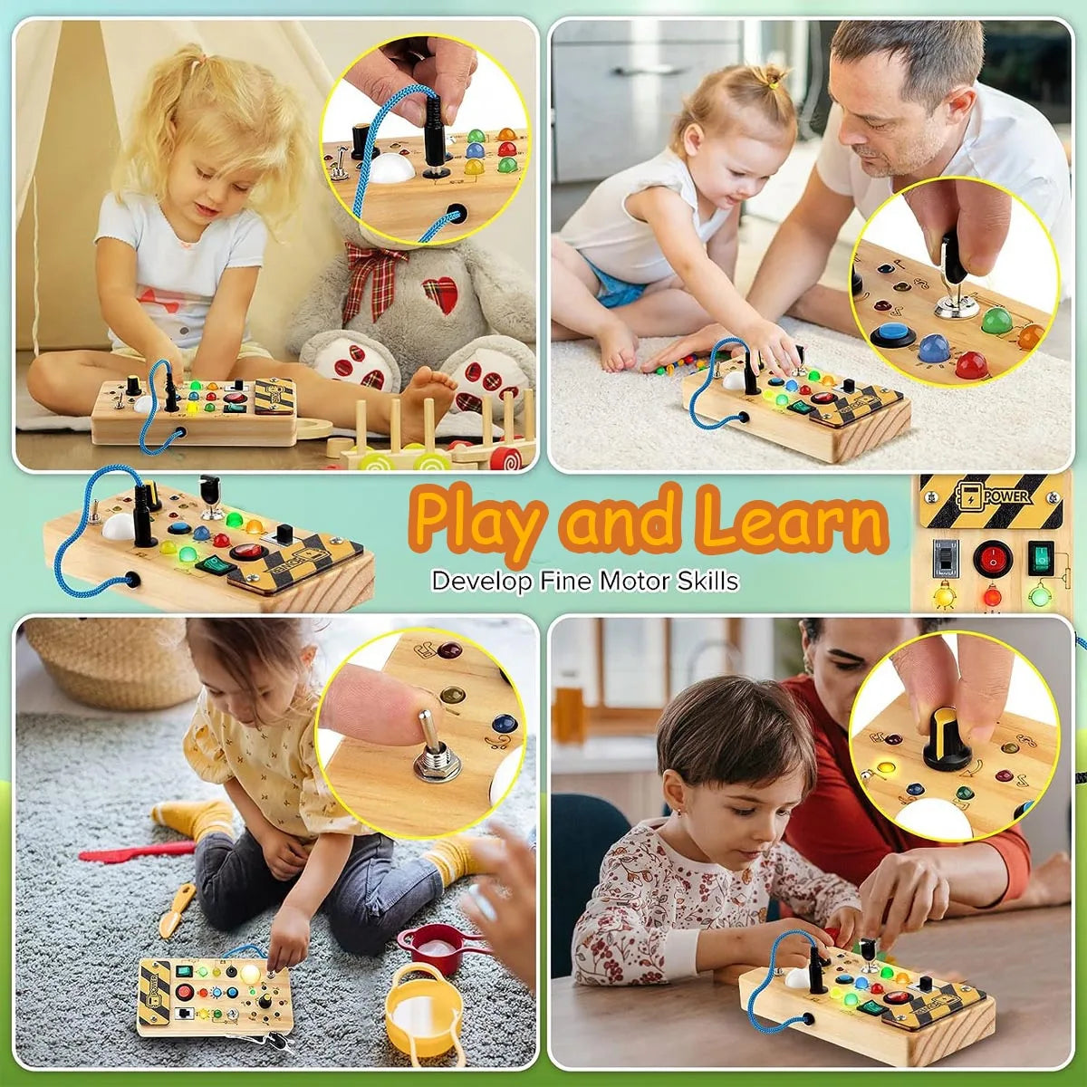 Montessori Busy Board for Toddlers (Ages 2–4) – Wooden Sensory Activity Toy with LED Light Switch