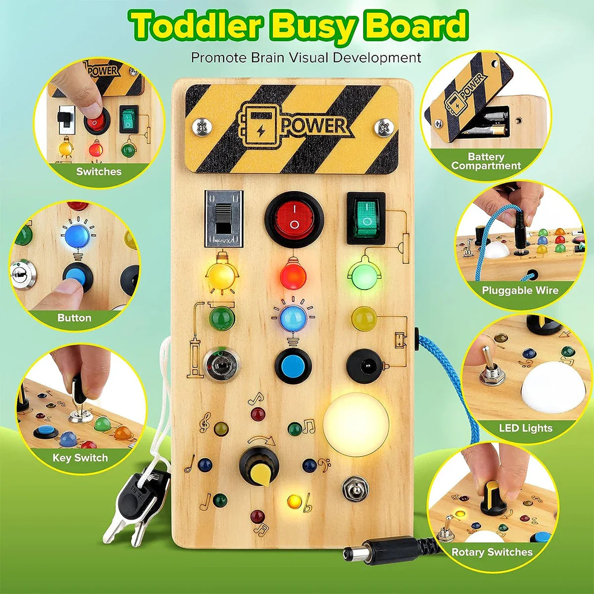 Montessori Busy Board for Toddlers (Ages 2–4) – Wooden Sensory Activity Toy with LED Light Switch