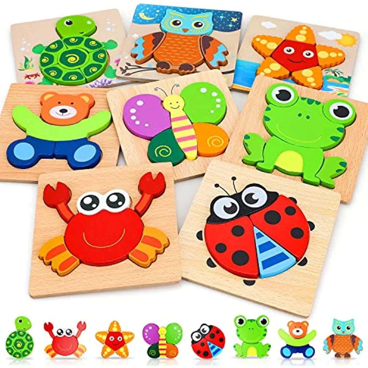 Montessori Wooden Animal Puzzle – 8 Bright Shapes for Toddlers | Safe & Educational Learning Toy