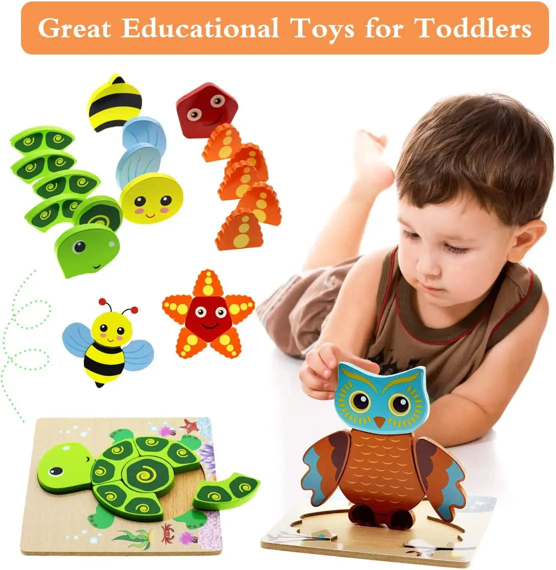 Montessori Wooden Animal Puzzle – 8 Bright Shapes for Toddlers | Safe & Educational Learning Toy
