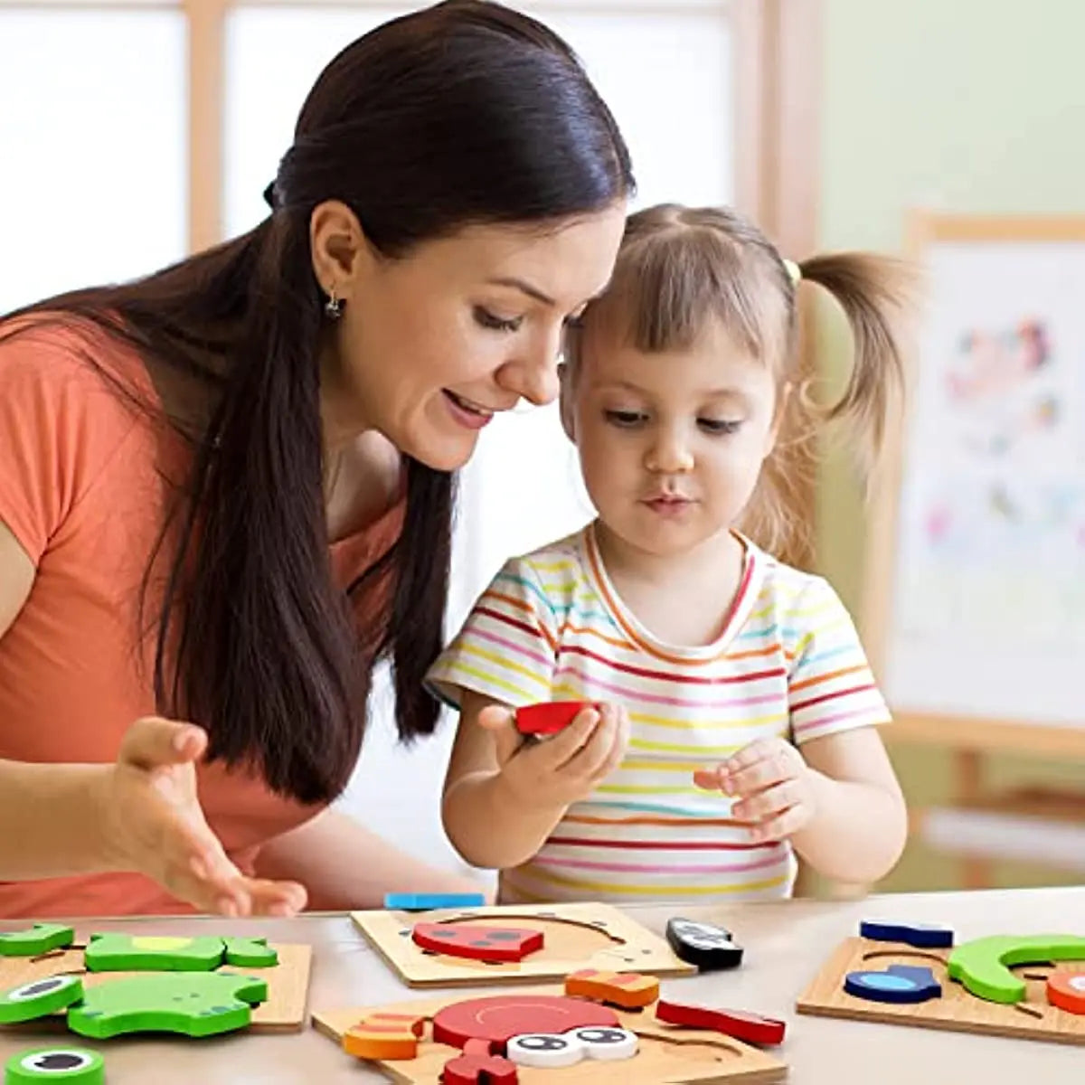 Montessori Wooden Animal Puzzle – 8 Bright Shapes for Toddlers | Safe & Educational Learning Toy
