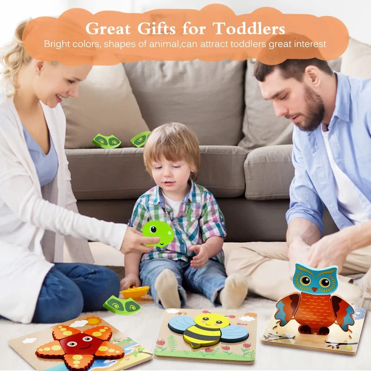 Montessori Wooden Animal Puzzle – 8 Bright Shapes for Toddlers | Safe & Educational Learning Toy