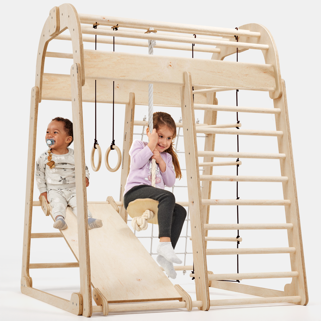 6-in-1 Indoor Playground for Kids – Montessori Climbing Frame with Net, Slide, Rings & Swing (Ages 3–8)