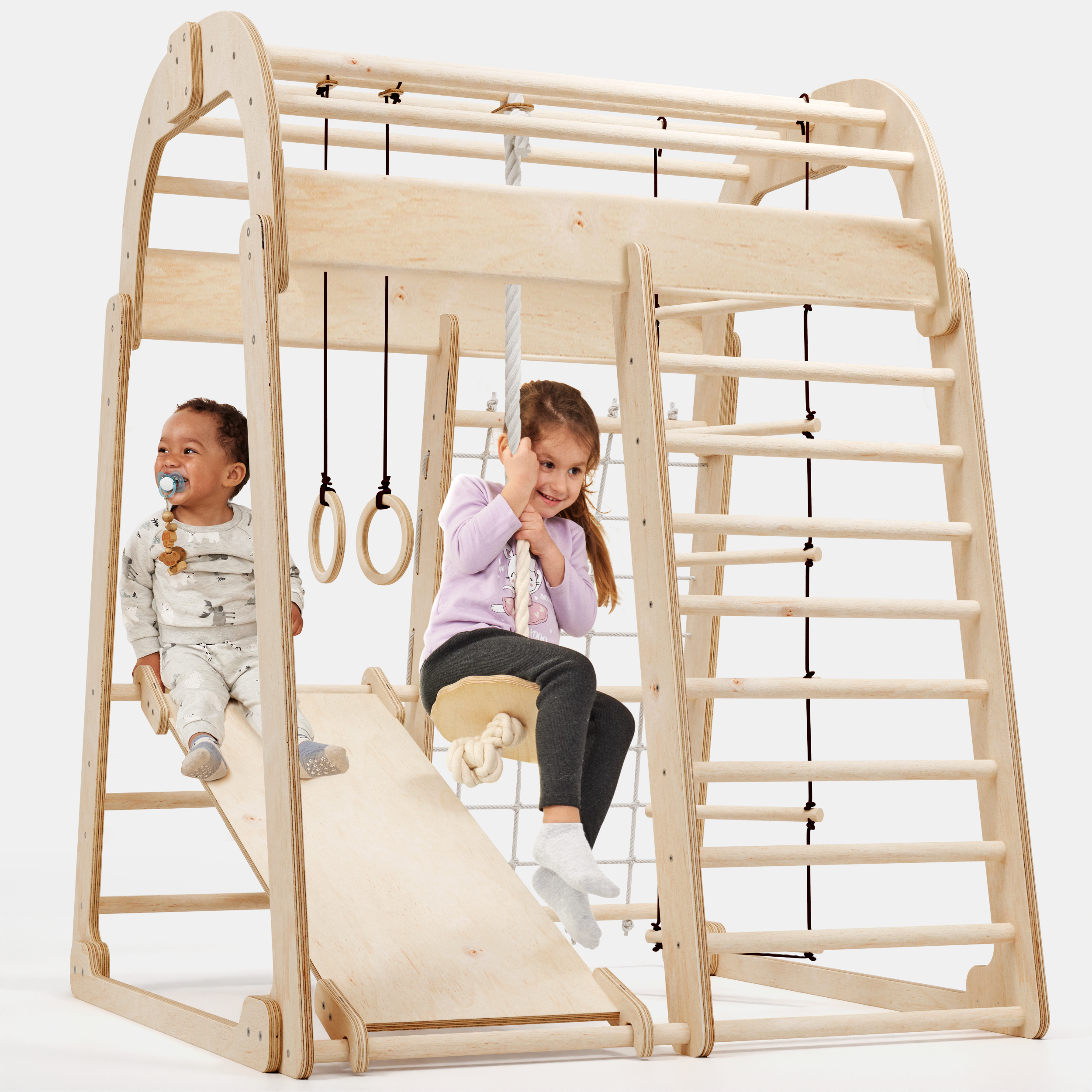 6-in-1 Indoor Playground for Kids – Montessori Climbing Frame with Net, Slide, Rings & Swing (Ages 3–8)