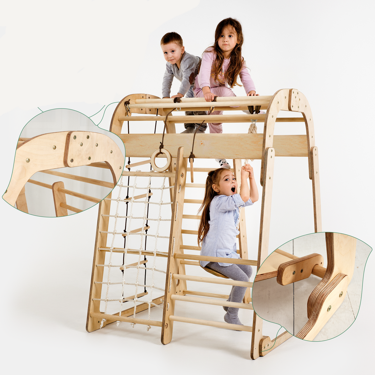 6-in-1 Indoor Playground for Kids – Montessori Climbing Frame with Net, Slide, Rings & Swing (Ages 3–8)