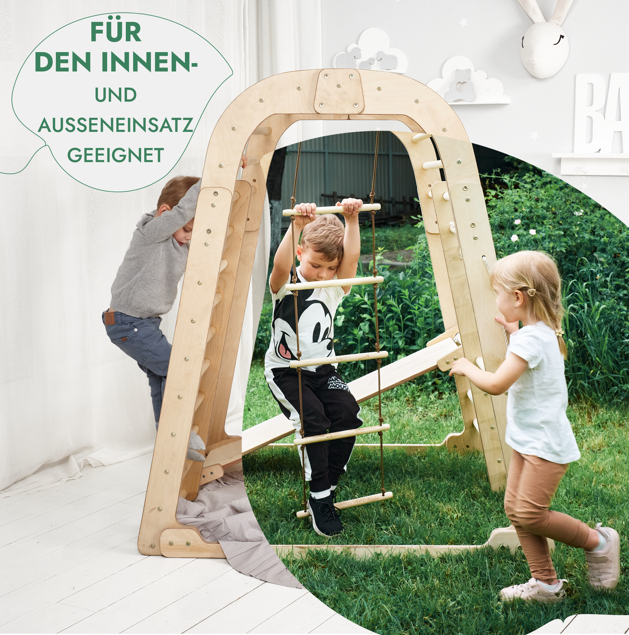 6-in-1 Indoor Playground for Kids – Montessori Climbing Frame with Net, Slide, Rings & Swing (Ages 3–8)