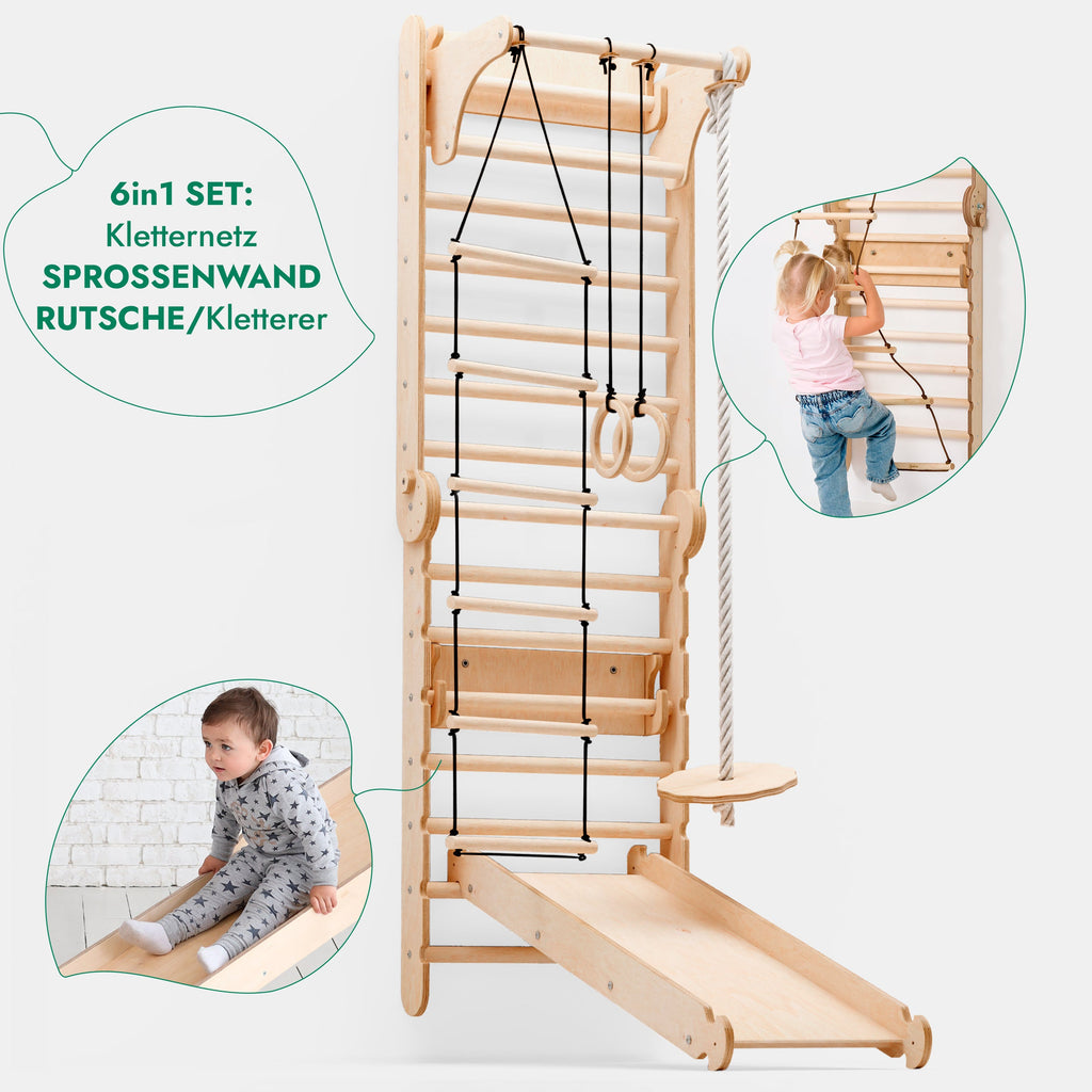 6-in-1 Indoor Climbing Wall – Swedish Ladder with Slide, Gym Rings, Rope Ladder, Disc Swing & Pull-Up Bar (Ages 1–7)