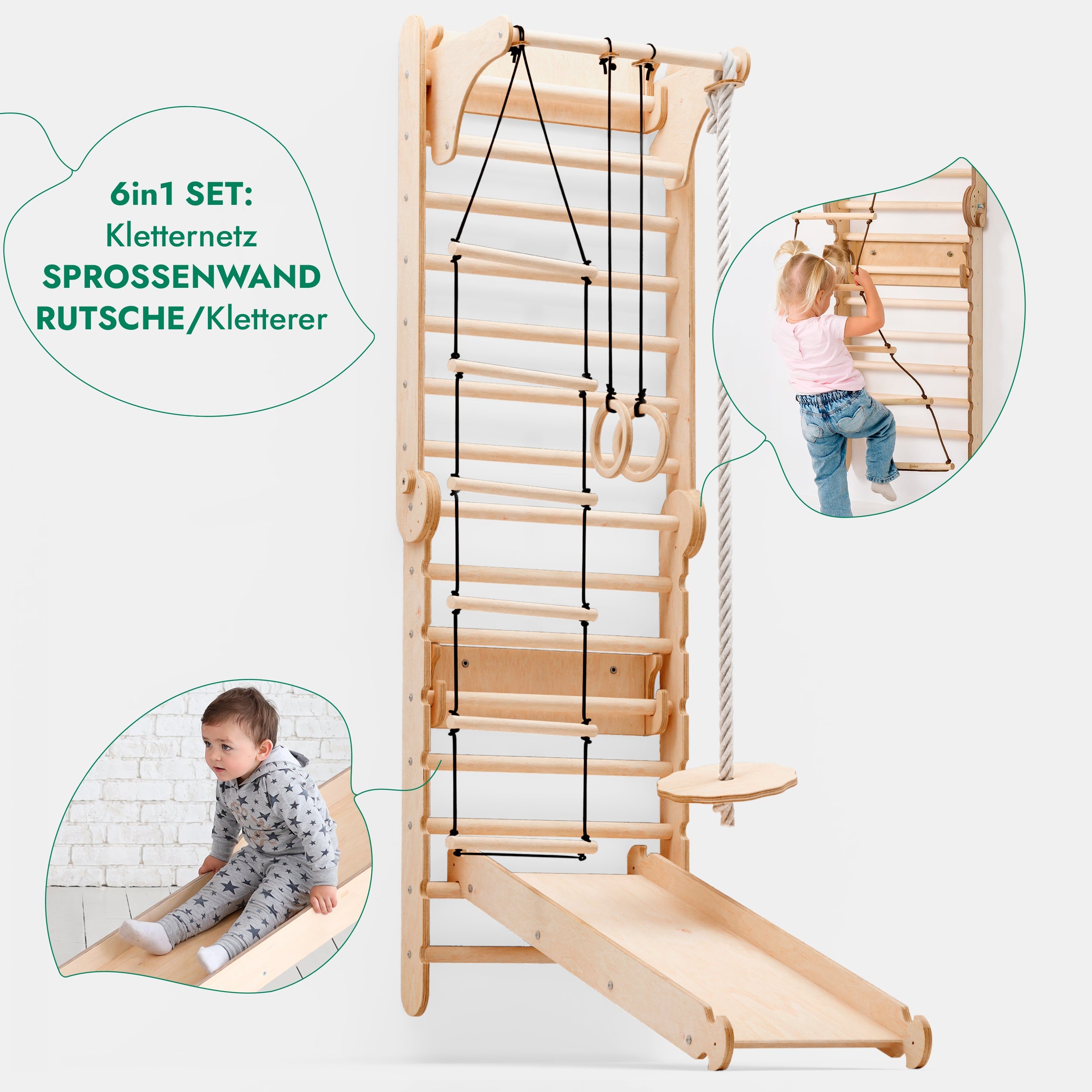 6-in-1 Indoor Climbing Wall – Swedish Ladder with Slide, Gym Rings, Rope Ladder, Disc Swing & Pull-Up Bar (Ages 1–7)