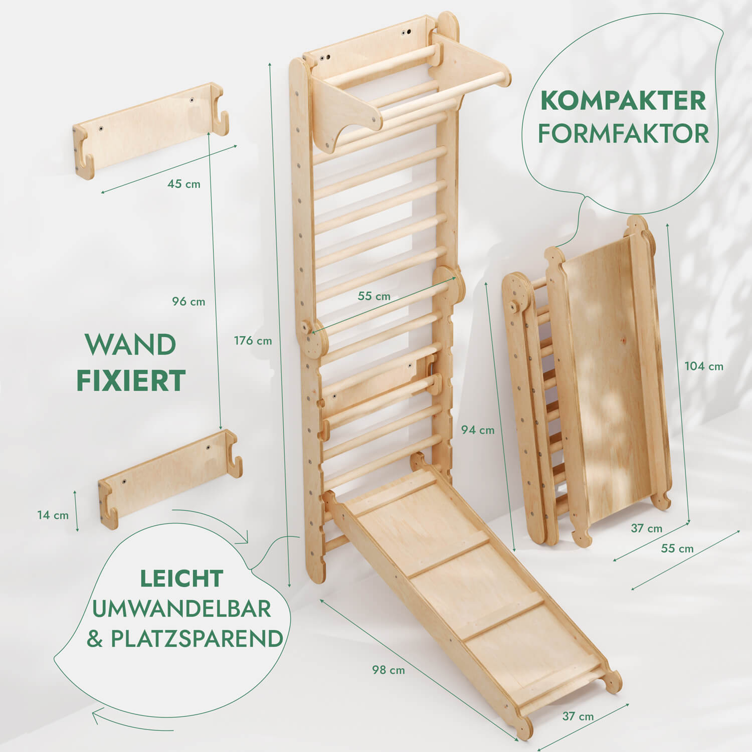 6-in-1 Indoor Climbing Wall – Swedish Ladder with Slide, Gym Rings, Rope Ladder, Disc Swing & Pull-Up Bar (Ages 1–7)