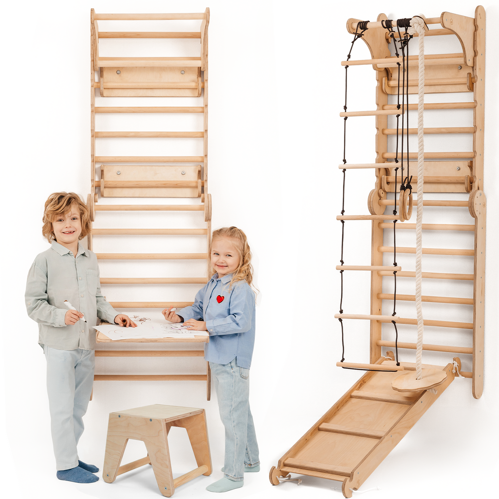 8-in-1 Montessori Indoor Climbing Wall Adventure Set – Play Gym with Slide, Rings, Swing & Art Board (Ages 2–8)