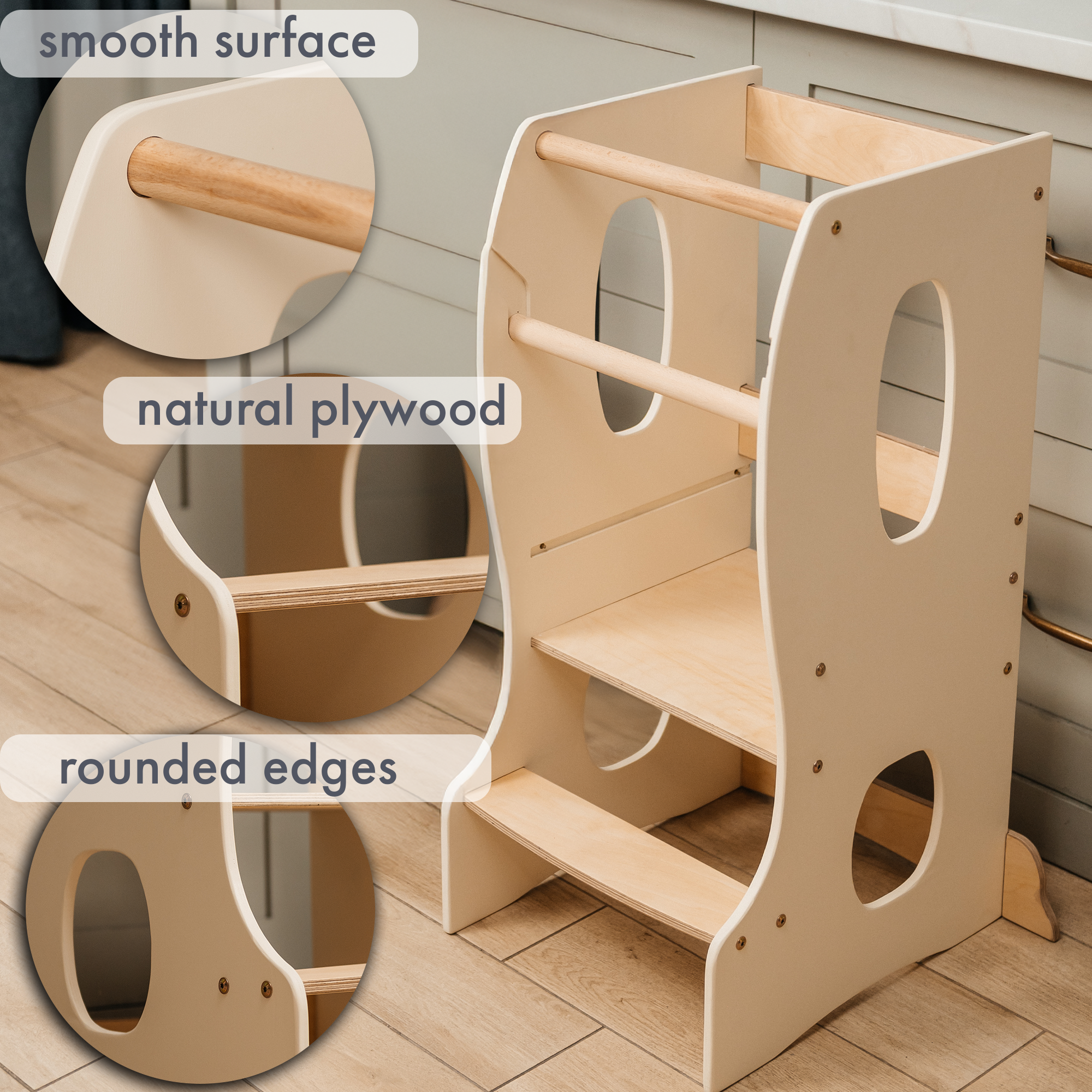 Stabiler Montessori Lernturm: Mitwachsender Kinderstuhl aus Holz – Elfenbein-3