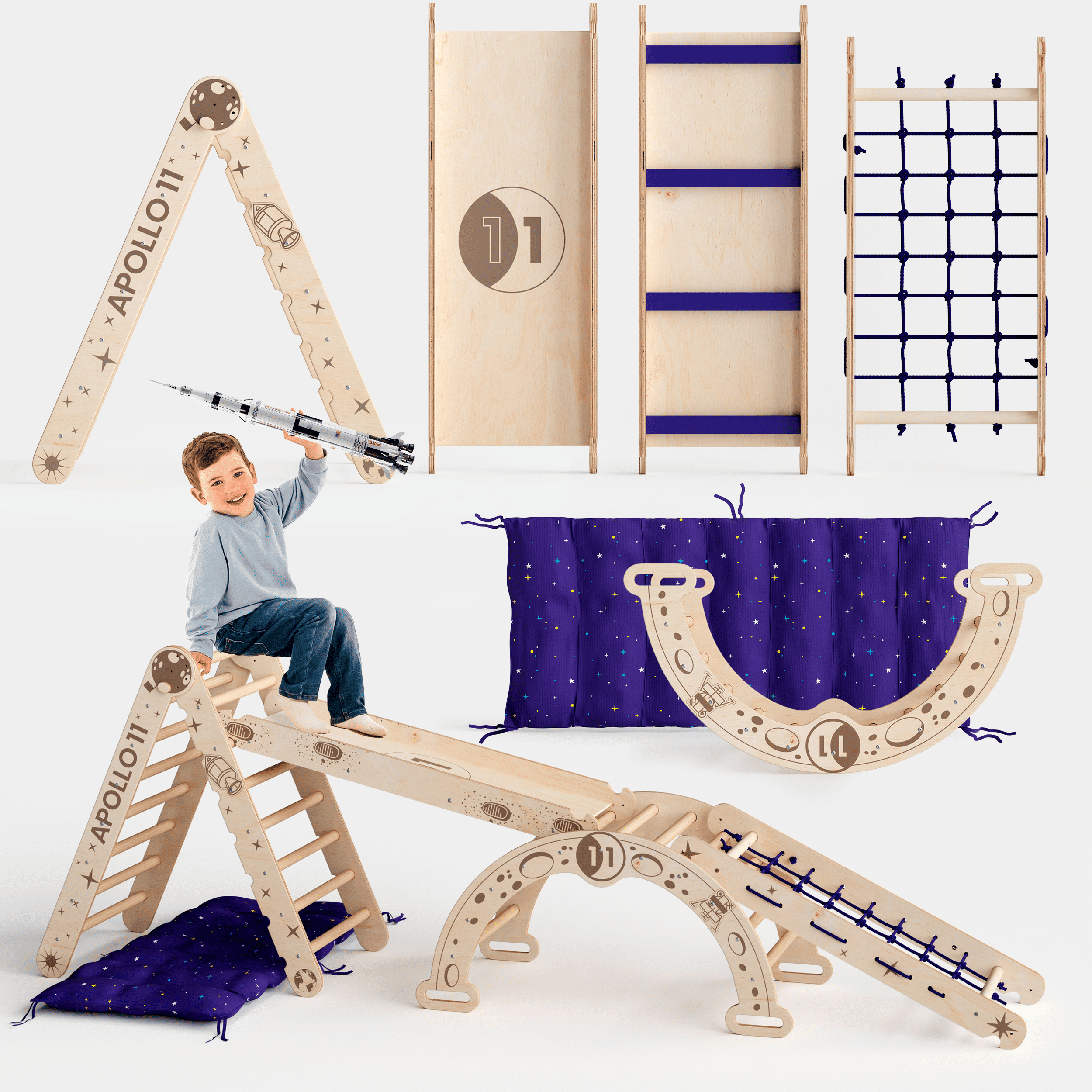 Apollo 5-in-1 Kletterset: Pikler-Dreieck, Kletterbogen, Rutschbrett, Kissen und Netz für kleine Astronauten-0