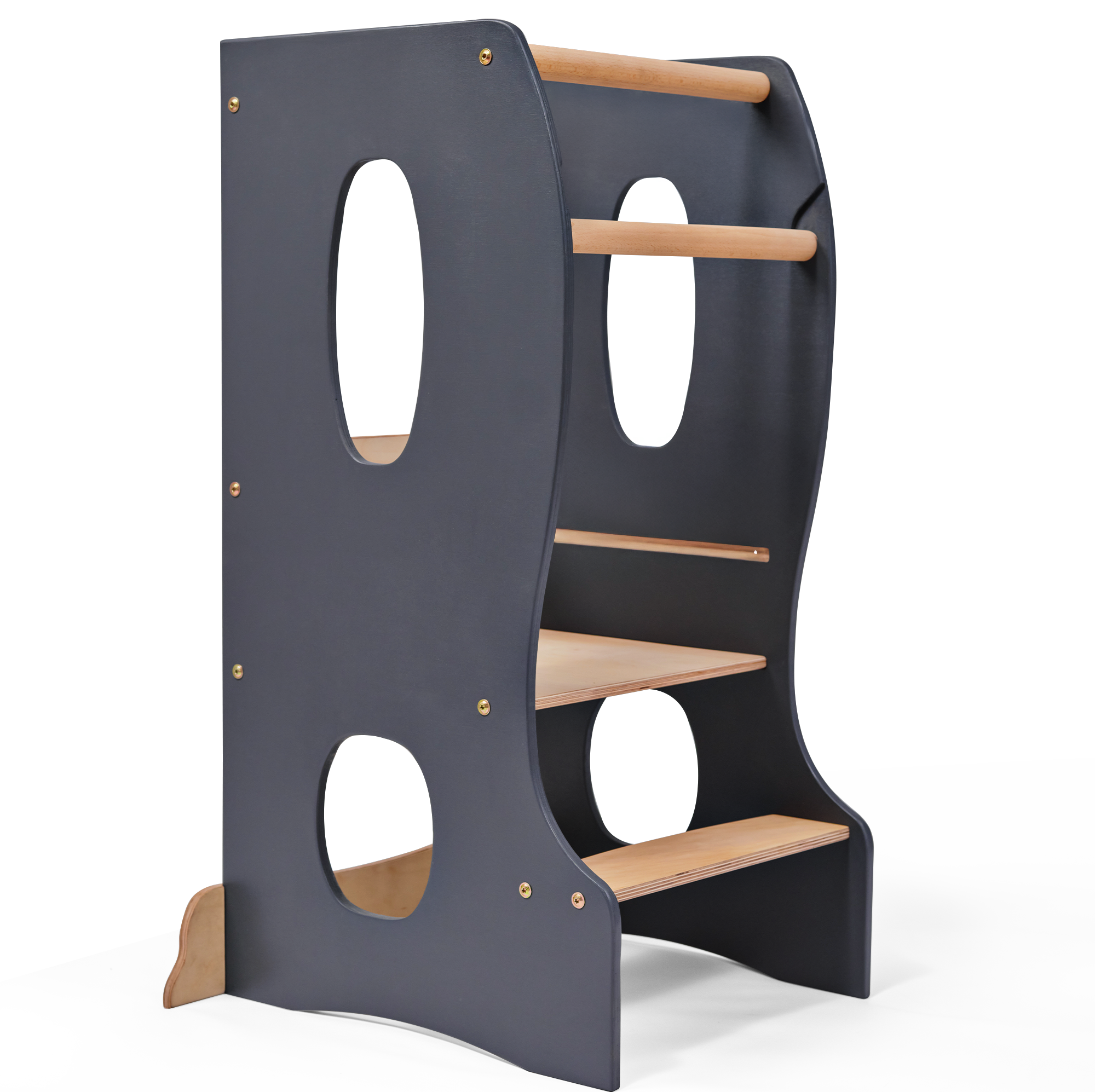 Stabiler Montessori Lernturm: Mitwachsender Kinderstuhl aus Holz – Grau-0