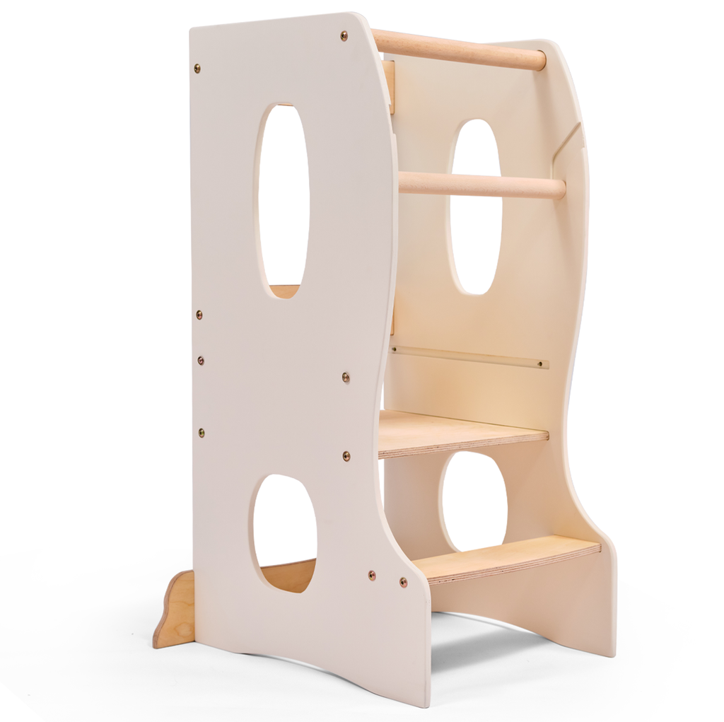Stabiler Montessori Lernturm: Mitwachsender Kinderstuhl aus Holz – Elfenbein-0