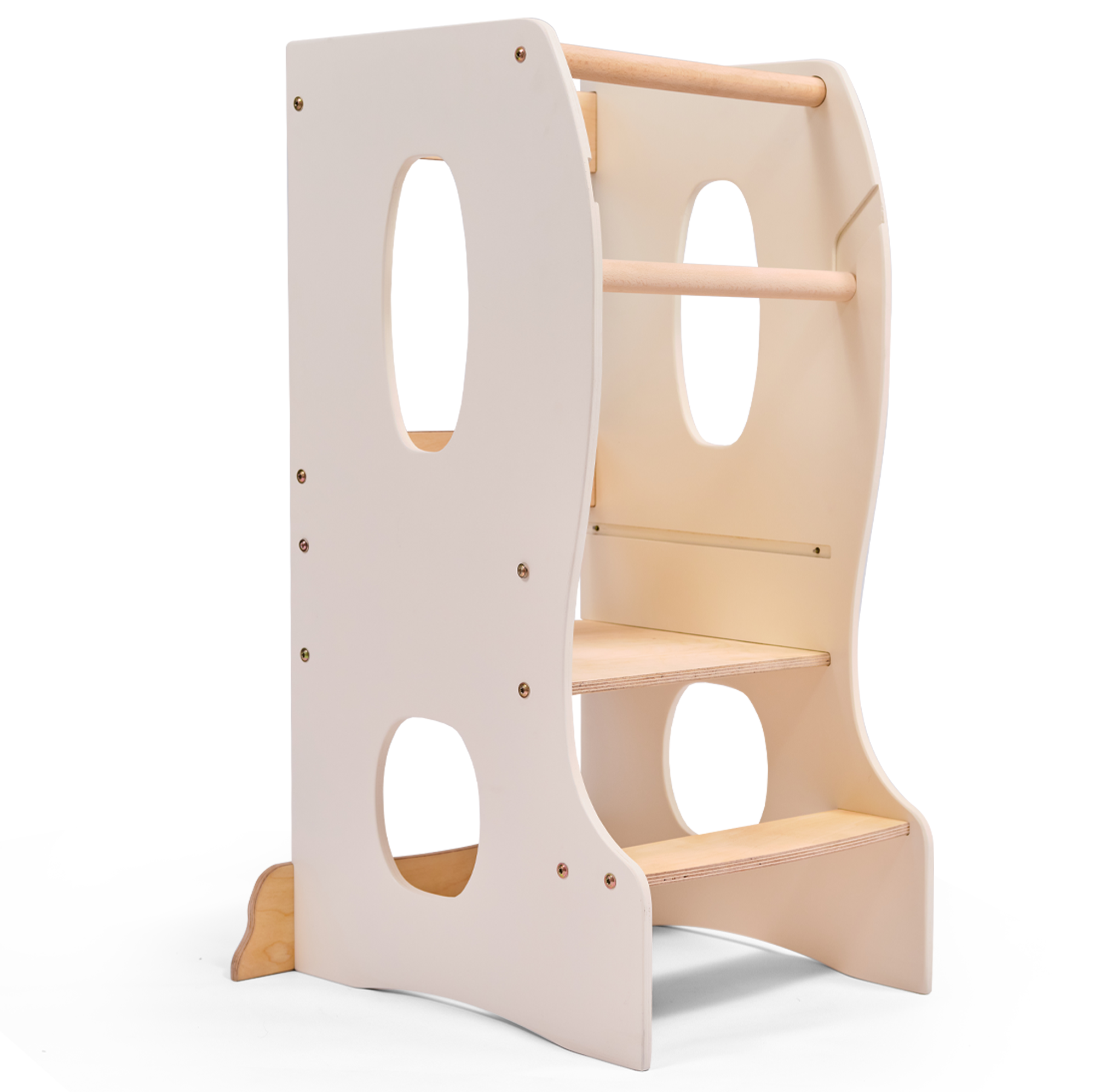 Stabiler Montessori Lernturm: Mitwachsender Kinderstuhl aus Holz – Elfenbein-0