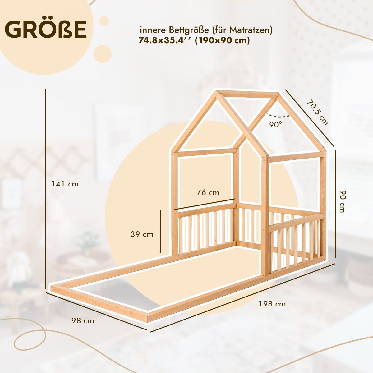 Montessori Floor Bed for Kids – House-Shaped Wooden Bed (190x90 cm, Ages 2+)