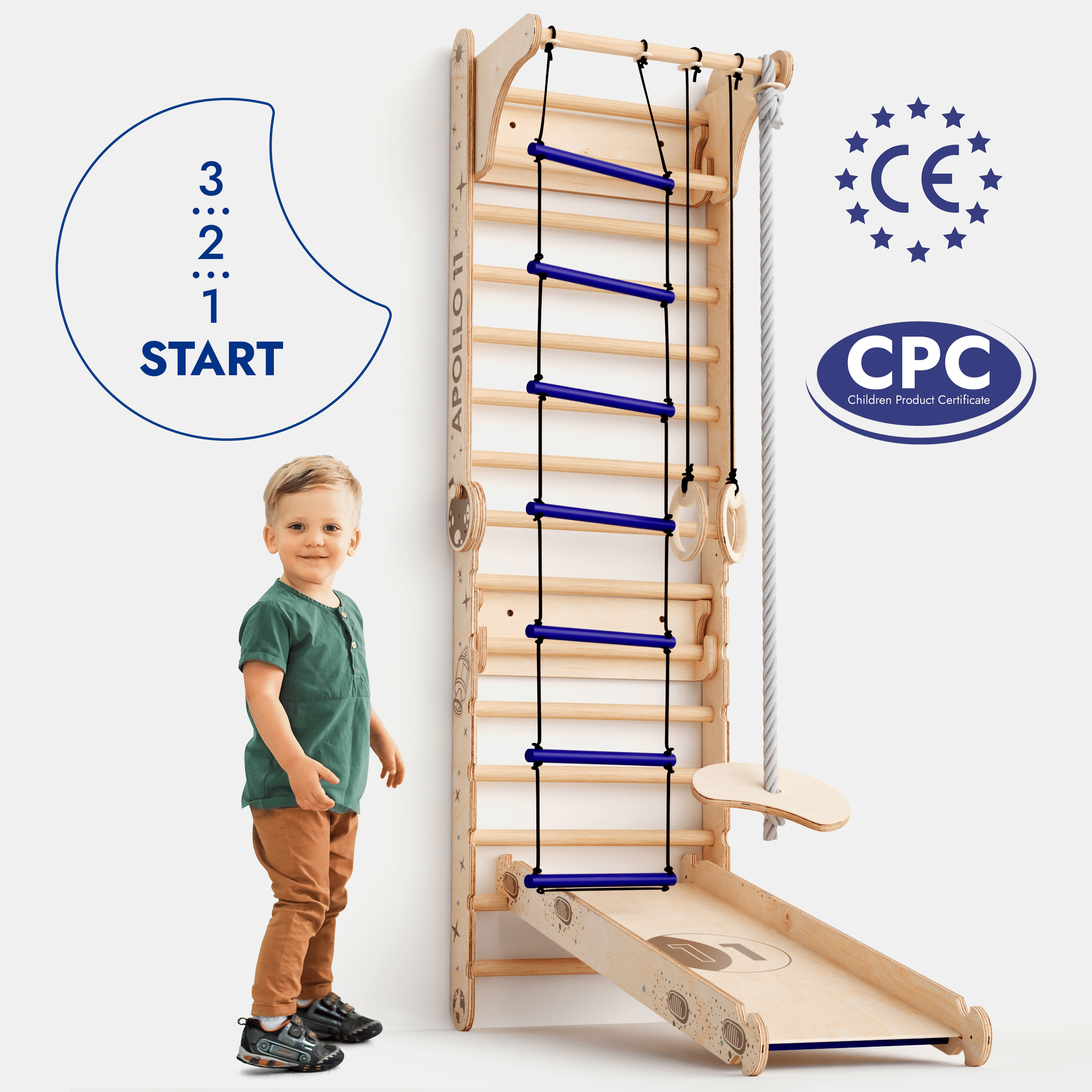 Apollo Schwedische Wand / Kletterleiter für kleine Astronauten + Mondschaukel-Set + Rutschbrett-4